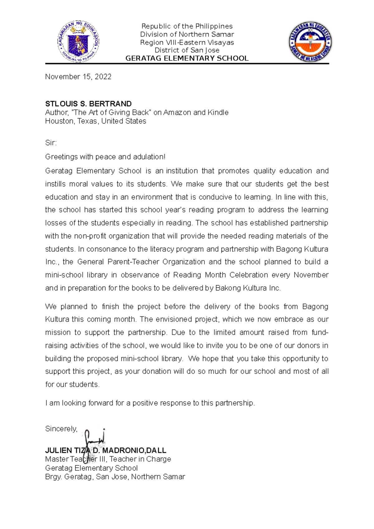 Letter MR. B - Republic of the Philippines Division of Northern Samar ...