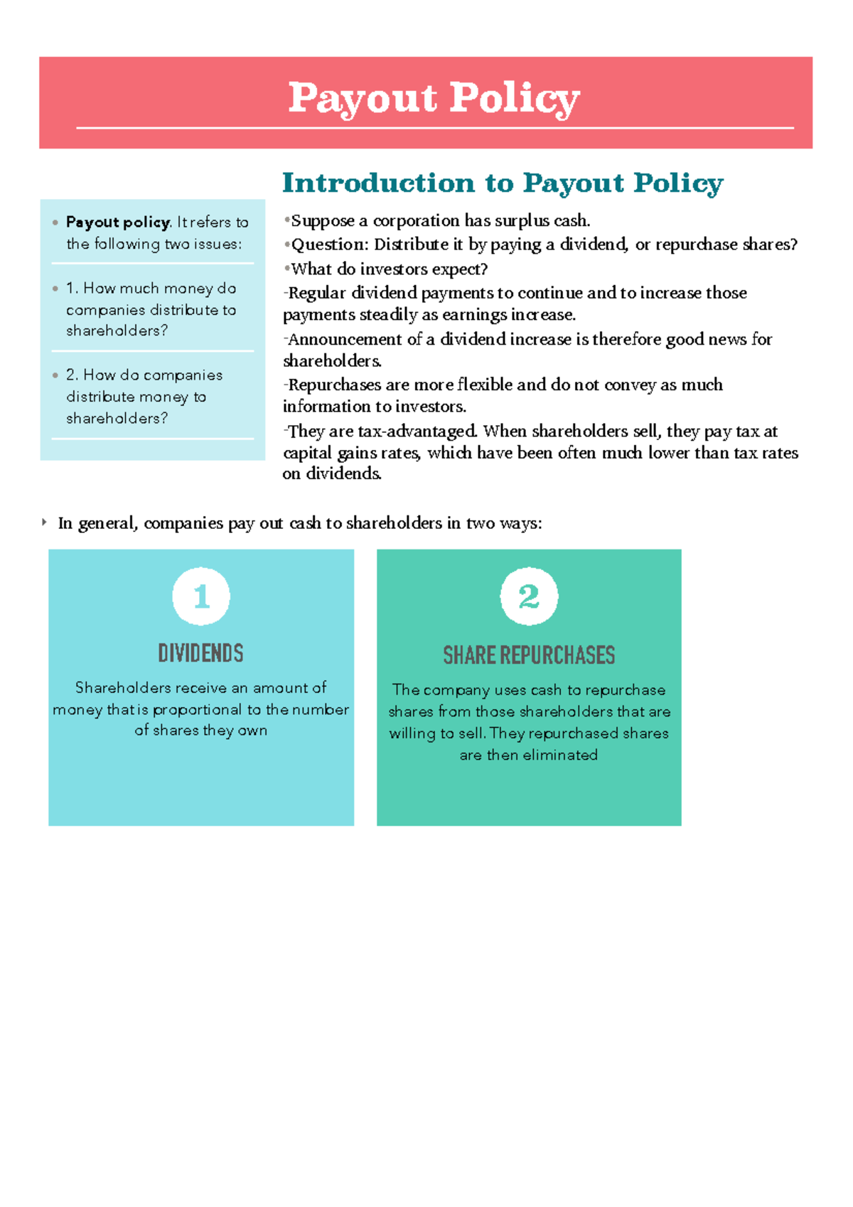 Payout Policy - Lecture - Introduction to Payout Policy Suppose a ...