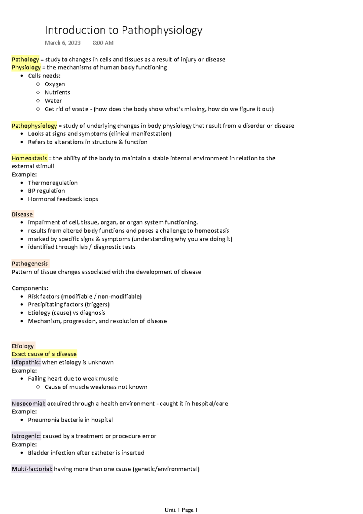 1.1 Notes - Pathology = study to changes in cells and tissues as a ...