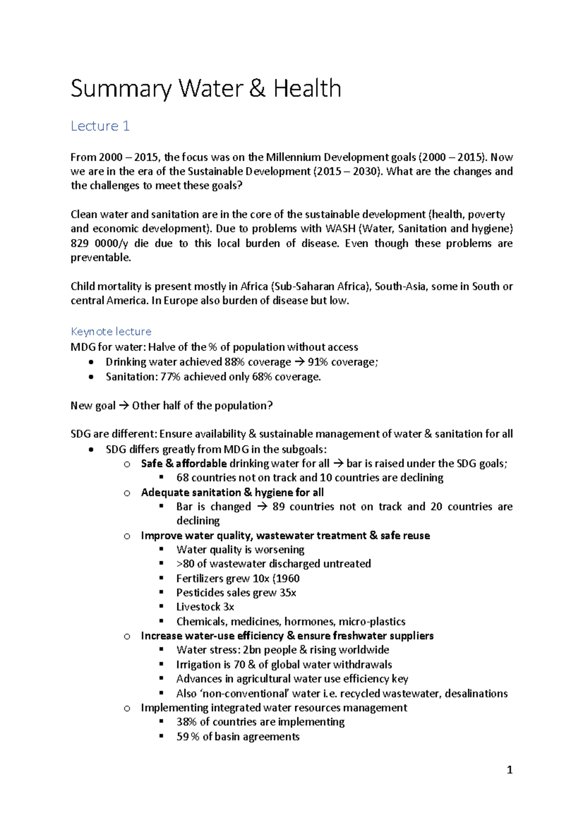 Summary lectures Water & Health Summary Water Health Lecture 1 From