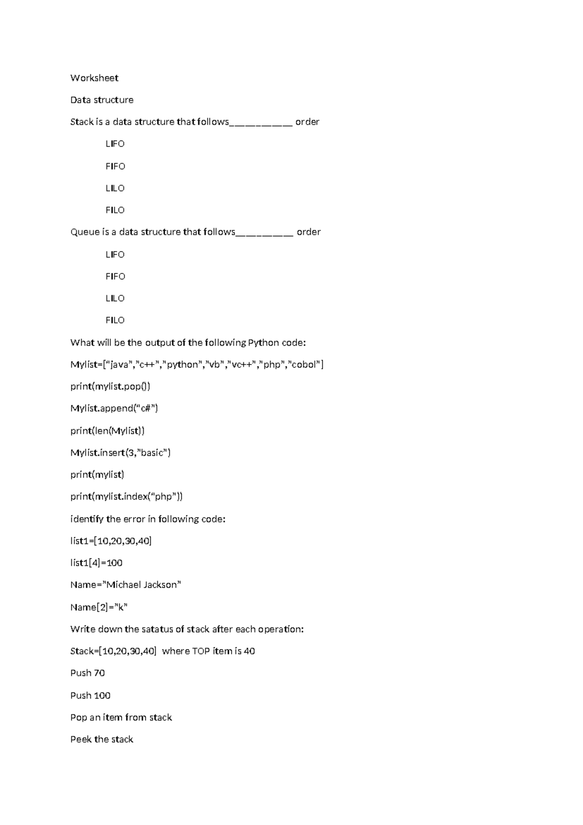 Worksheet(Data stracture) - Worksheet Data structure Stack is a data ...