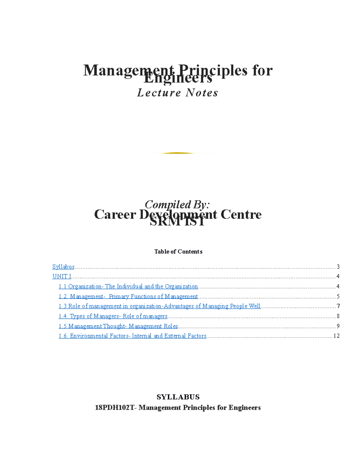 MPE Unit 2 essays Management Principles for Engineers Le c t ure Not e s Compiled By Career