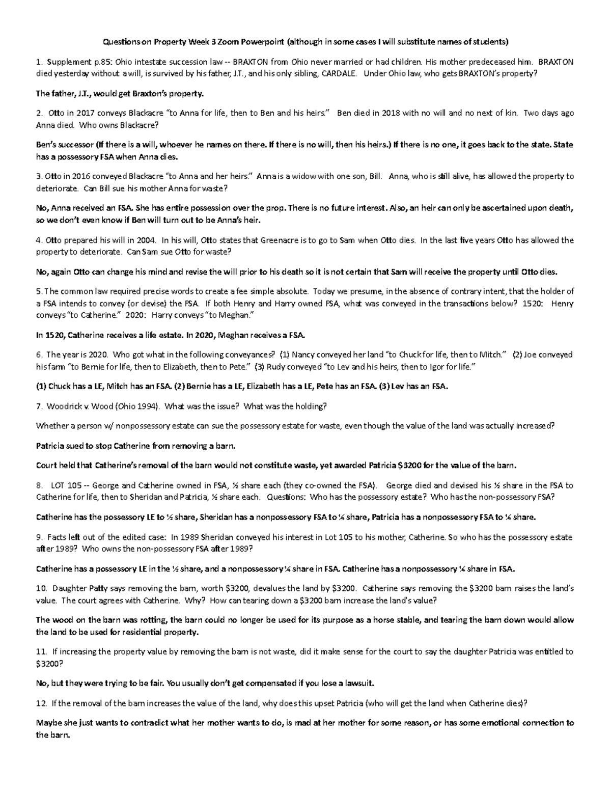 Property questions - Practice - Quesions on Property Week 3 Zoom ...