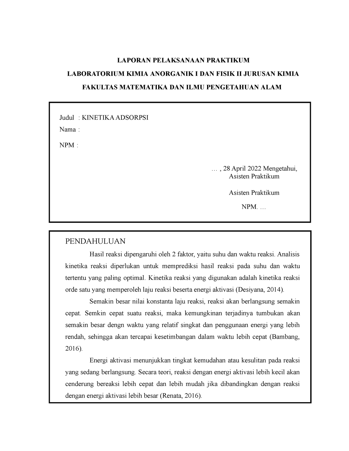 Laporan Kinetika Adsorpsi - LAPORAN PELAKSANAAN PRAKTIKUM LABORATORIUM ...