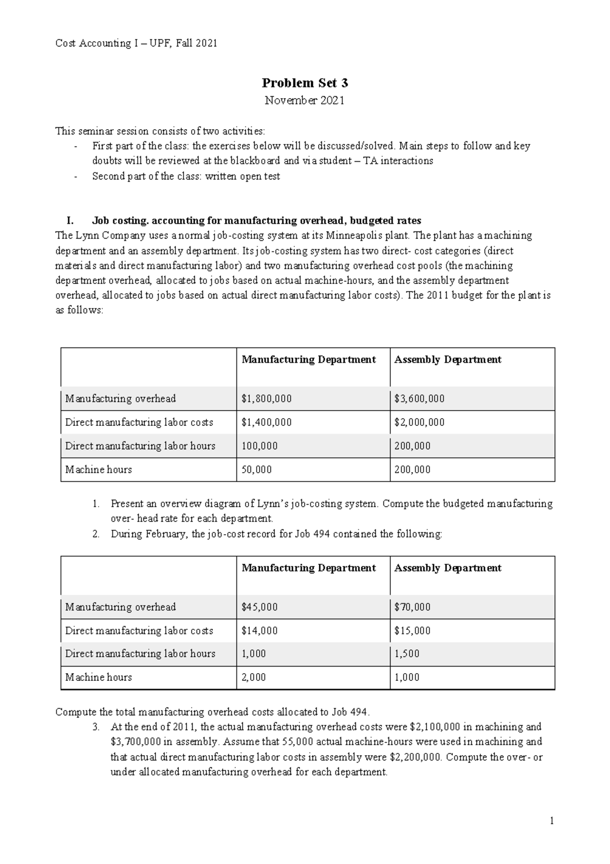Problem set 3 - Cost Accounting - Fall 2021 - Cost Accounting I – UPF ...