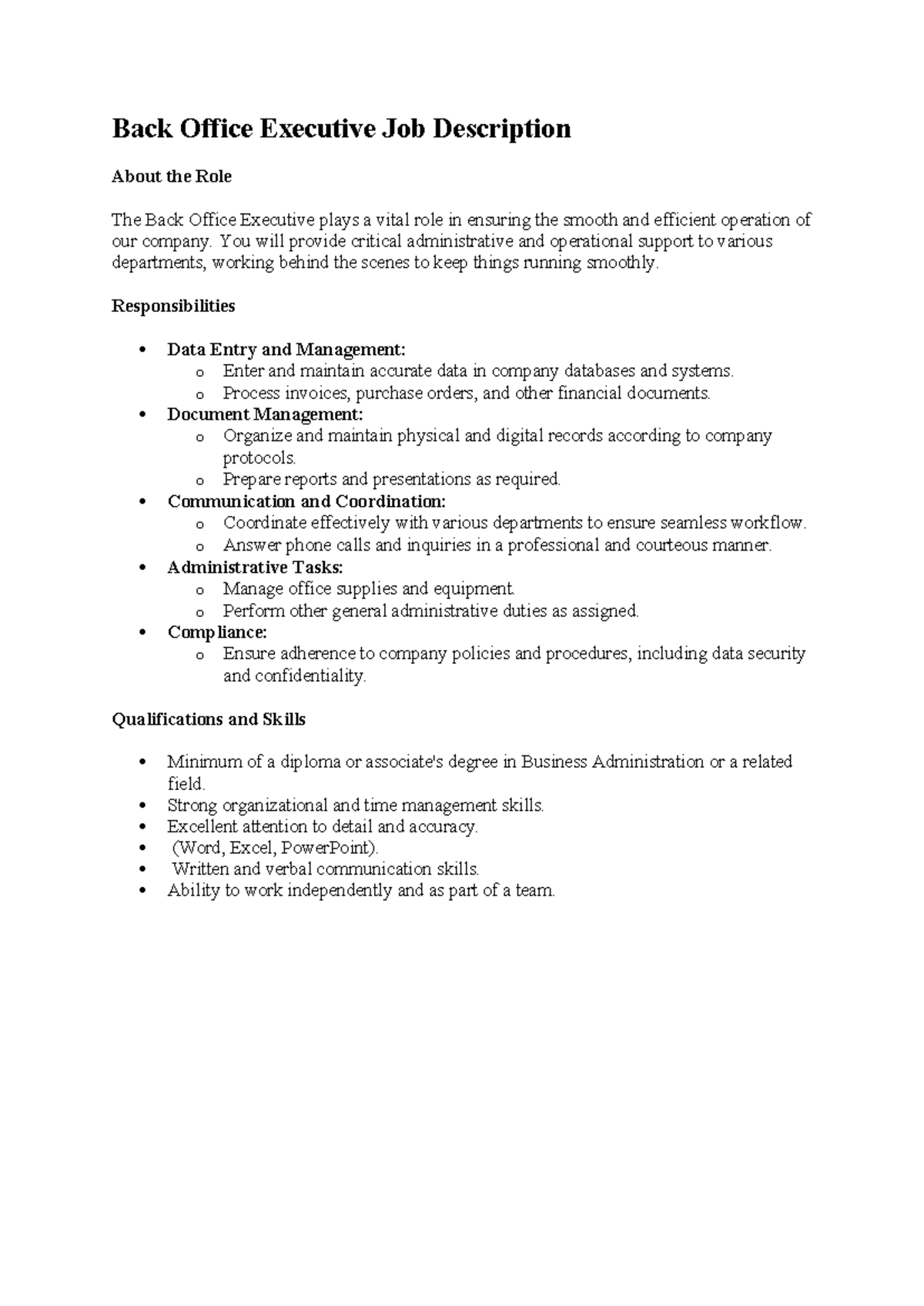 Back Office Executive Job Description - You will provide critical ...