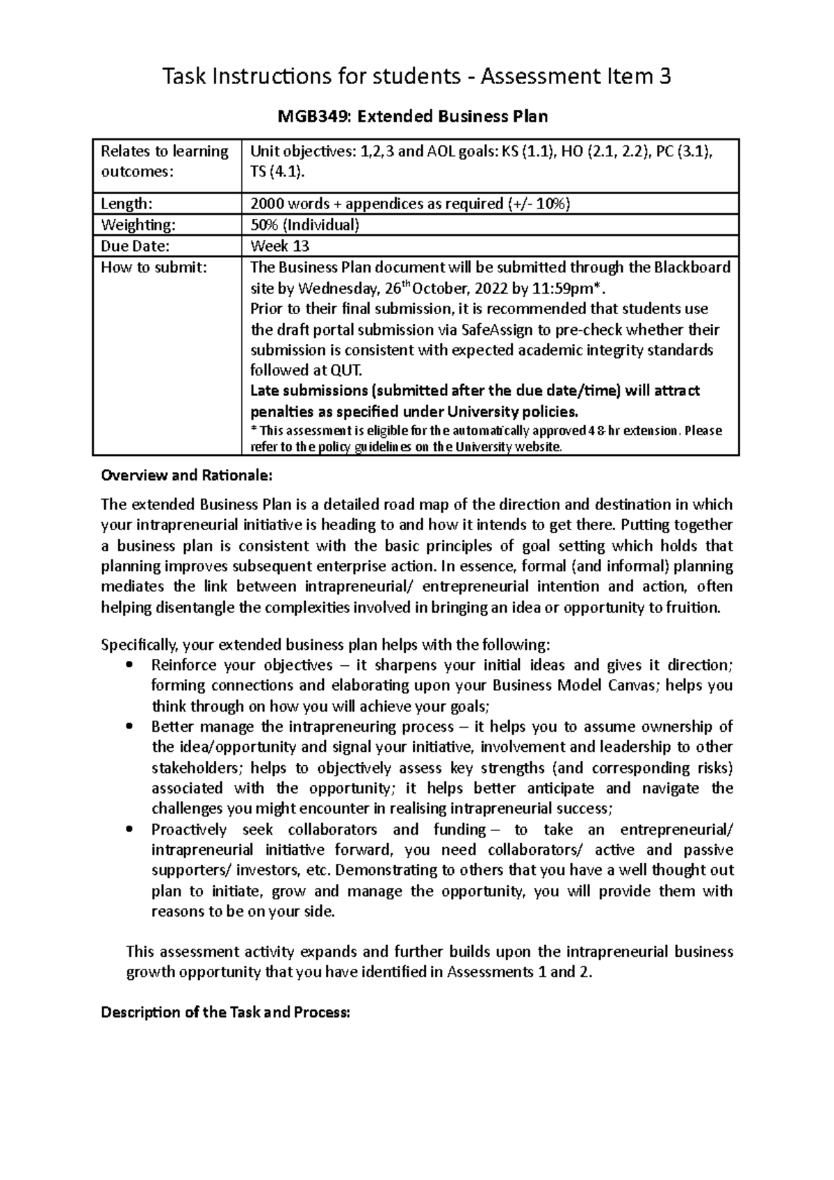 business plan assessment task