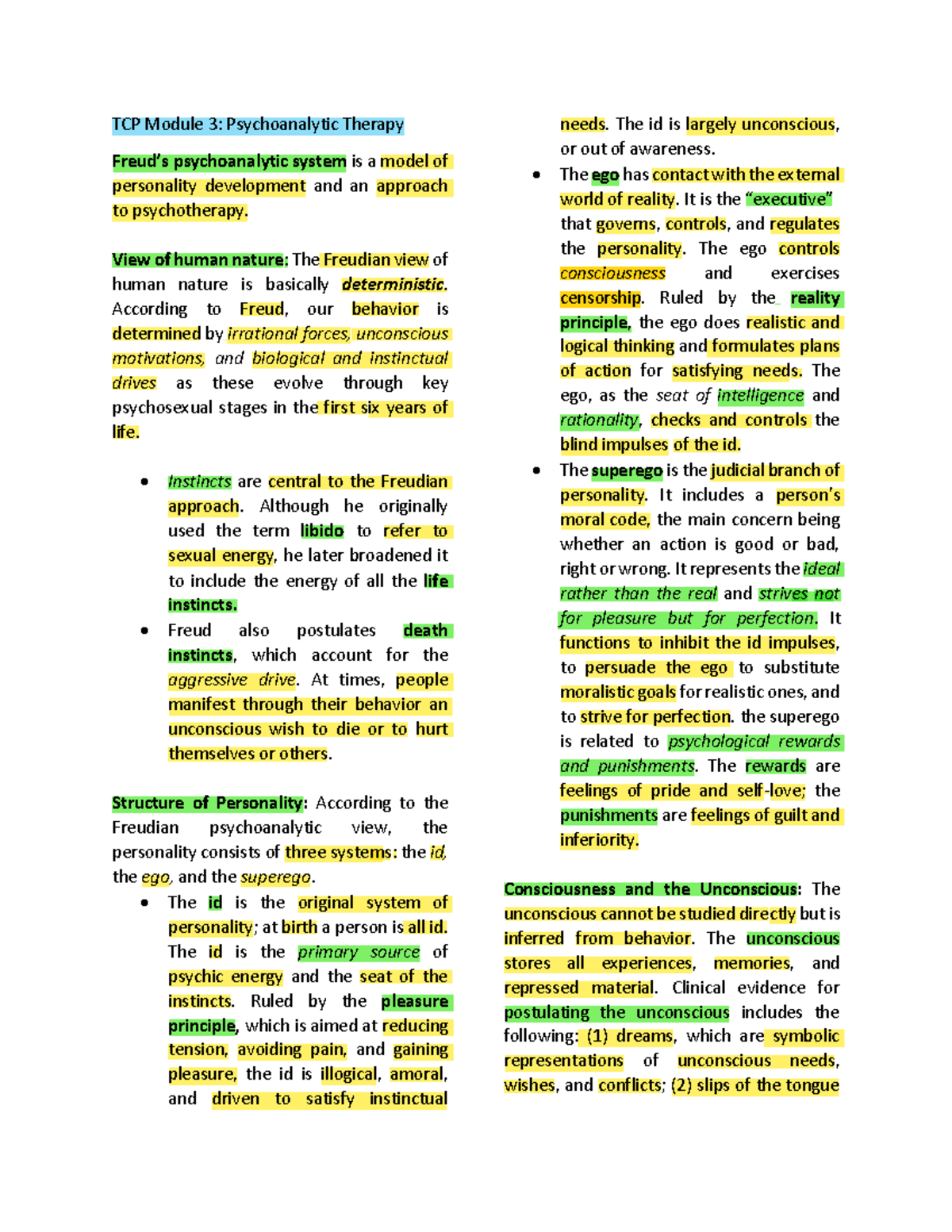 Module 3 Psychoanalytic Reviewer - TCP Module 3: Psychoanalytic Therapy ...