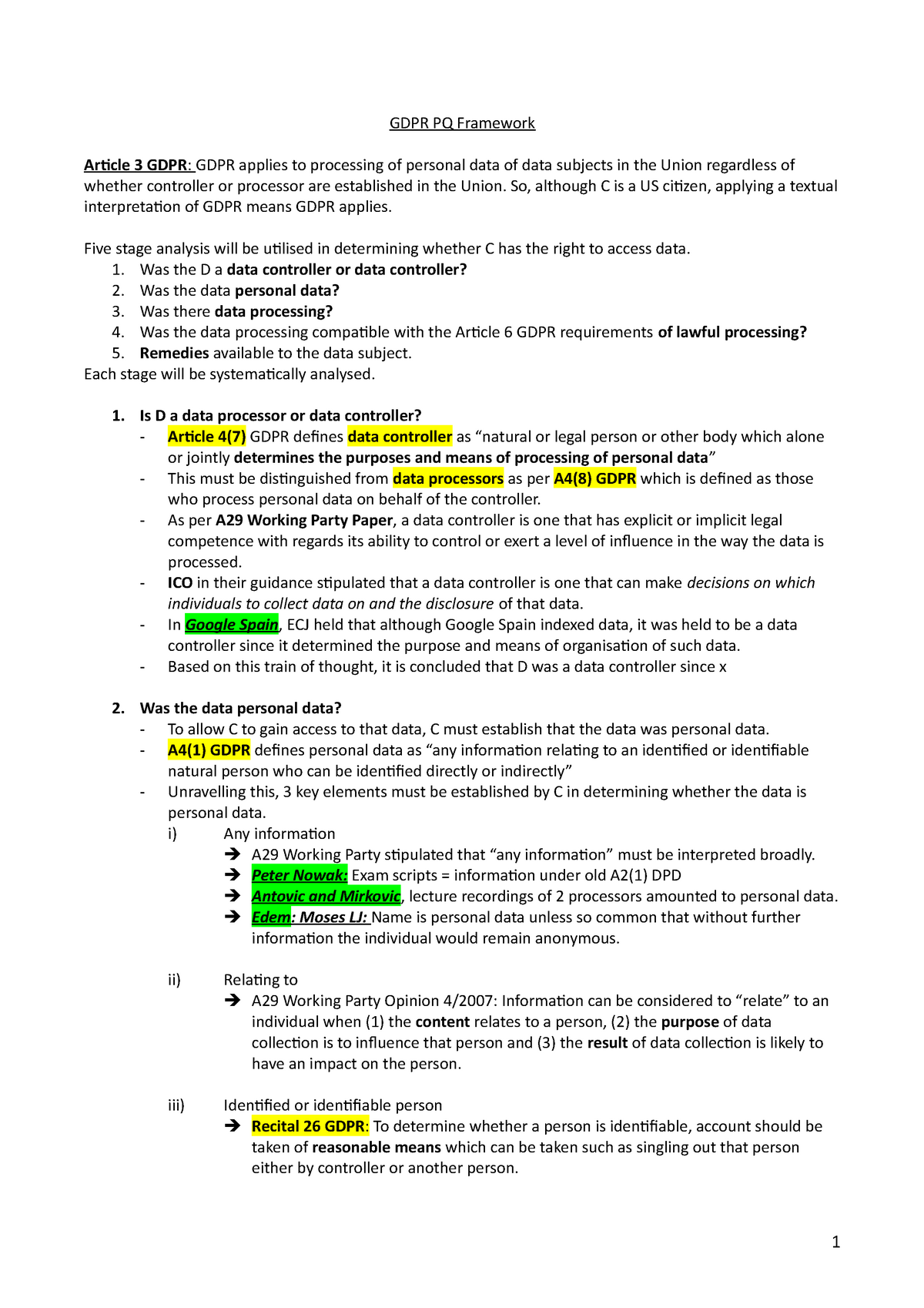 GDPR PQ - Lecture notes GDPR - GDPR PQ Framework Article 3 GDPR : GDPR ...