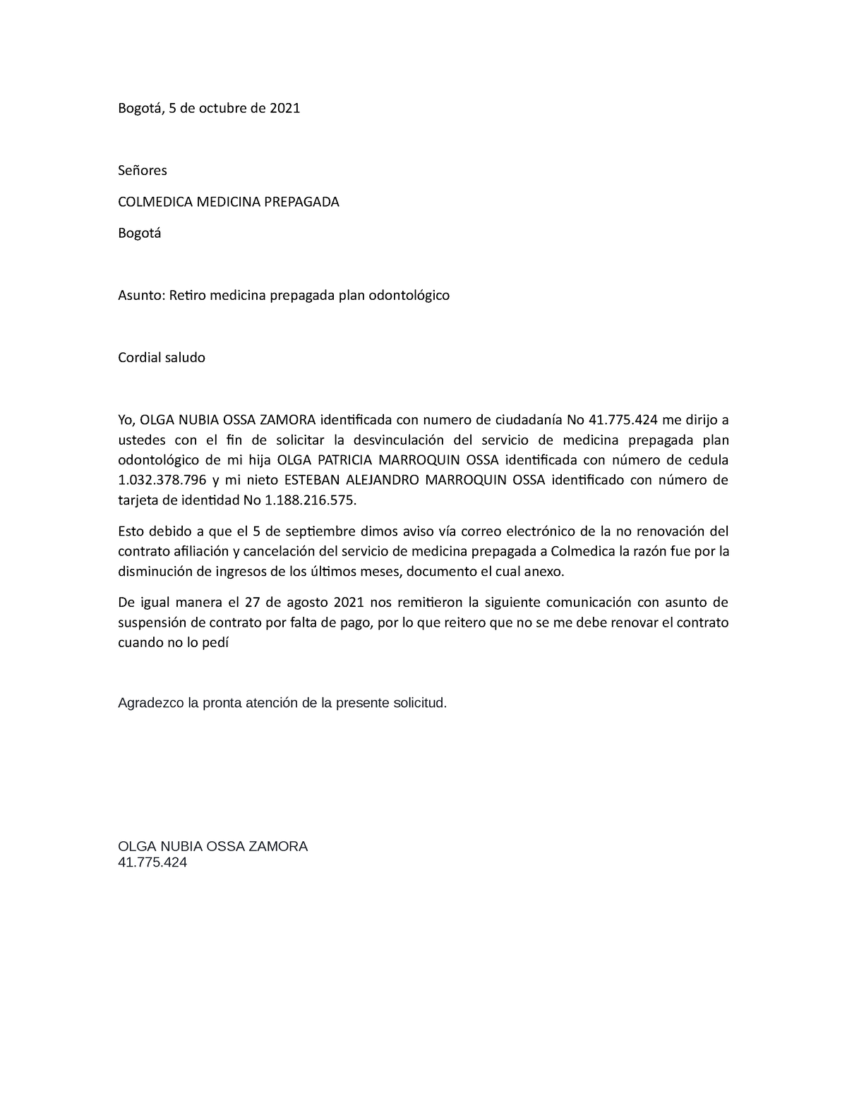 536760567 Carta Solicitud Retiro Colmedica Bogotá 5 De Octubre De