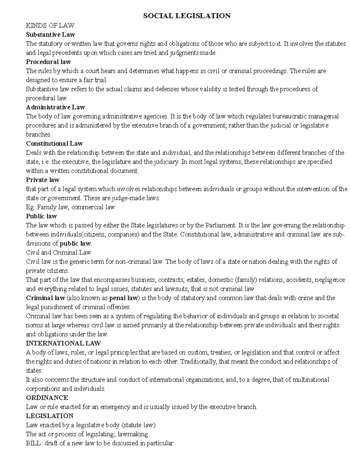 Social Legislation Collected assignment SOCIAL LEGISLATION KINDS OF