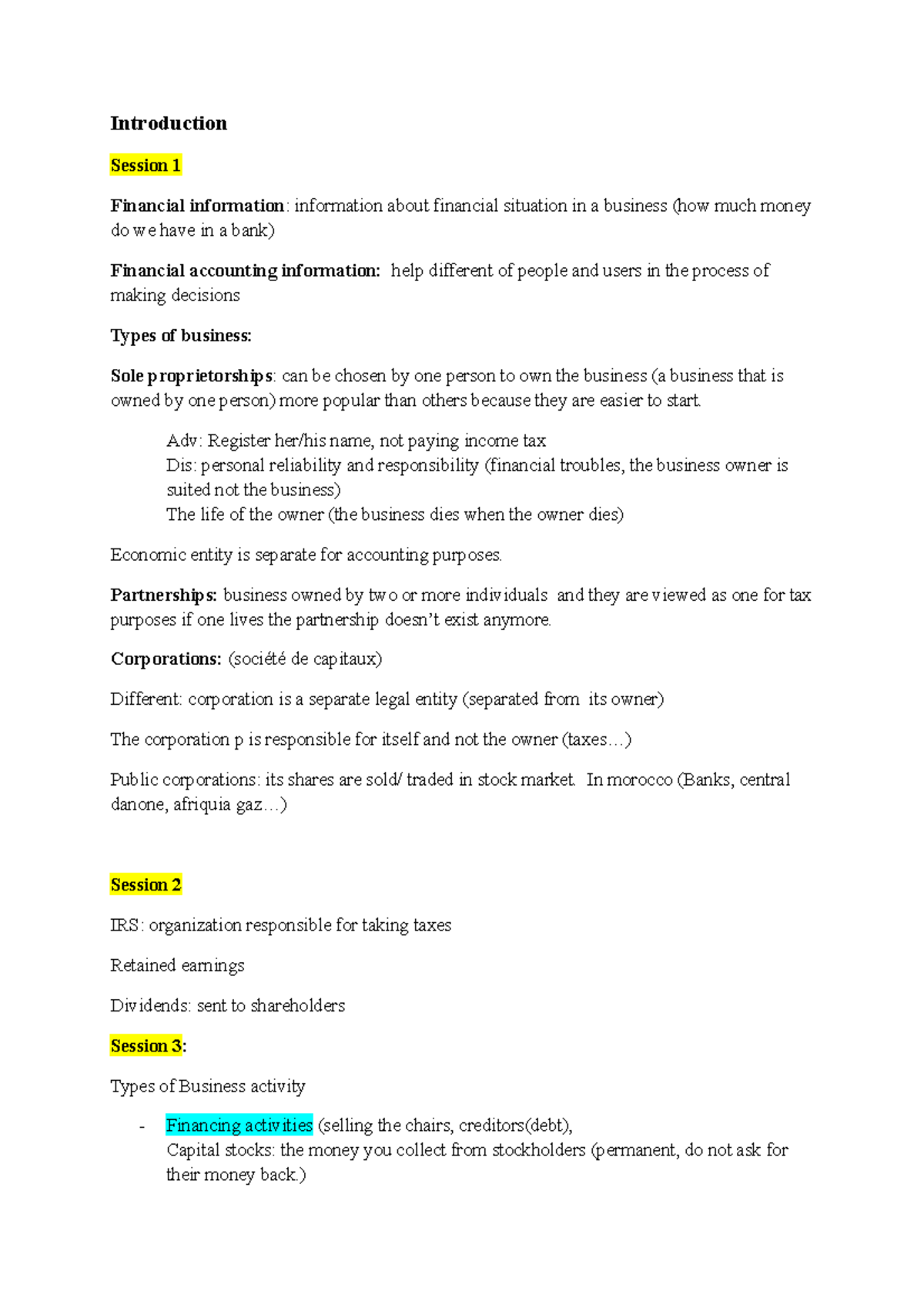 Notes - Introduction Session 1 Financial information : information ...