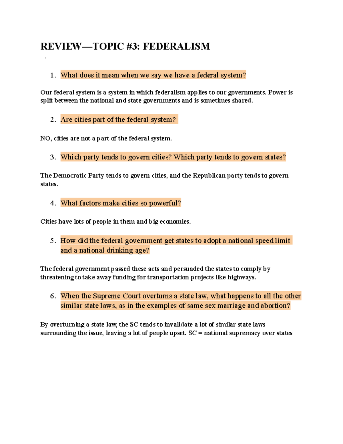 Federalism Review Review—topic 3 Federalism 1 What Does It Mean When We Say We Have A 7000