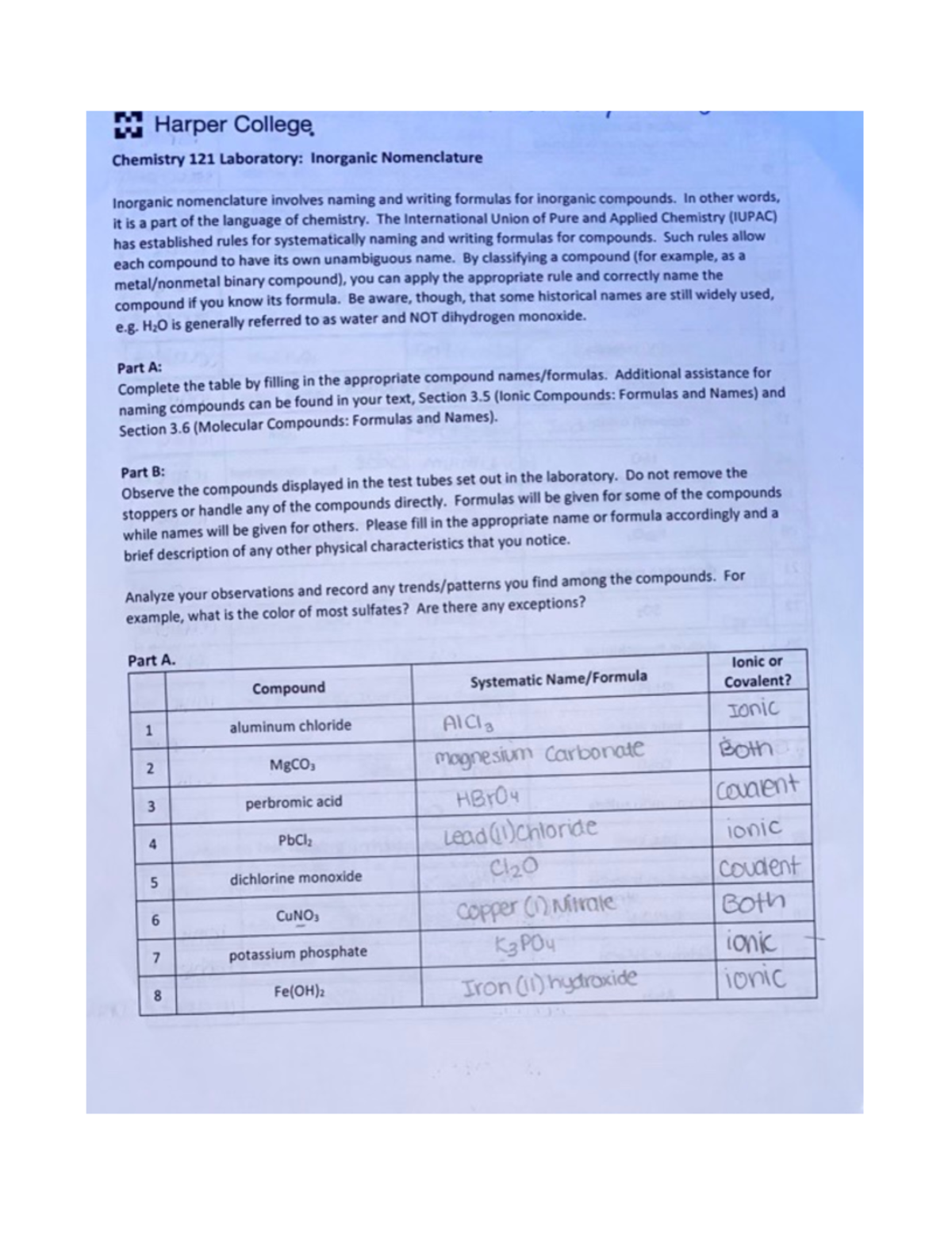 Nomenclature LAB Harper College Chemistry 121 Laboratory