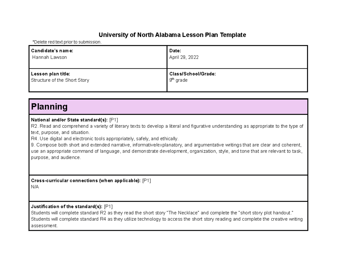 Lesson Plan Assignment - University of North Alabama Lesson Plan ...