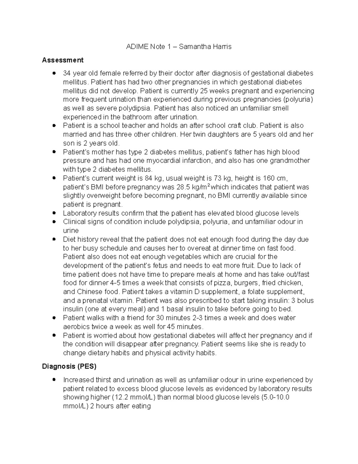 Counselling Assignment: Adime Note 1 - ADIME Note 1 – Samantha Harris ...