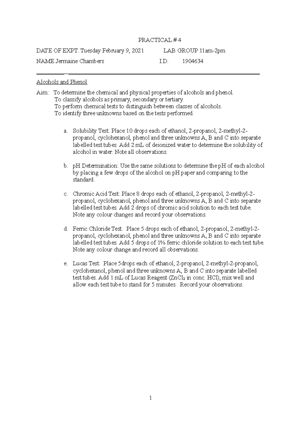 CHY2024 Experiment 4 Identification of Alcohols and Phenols