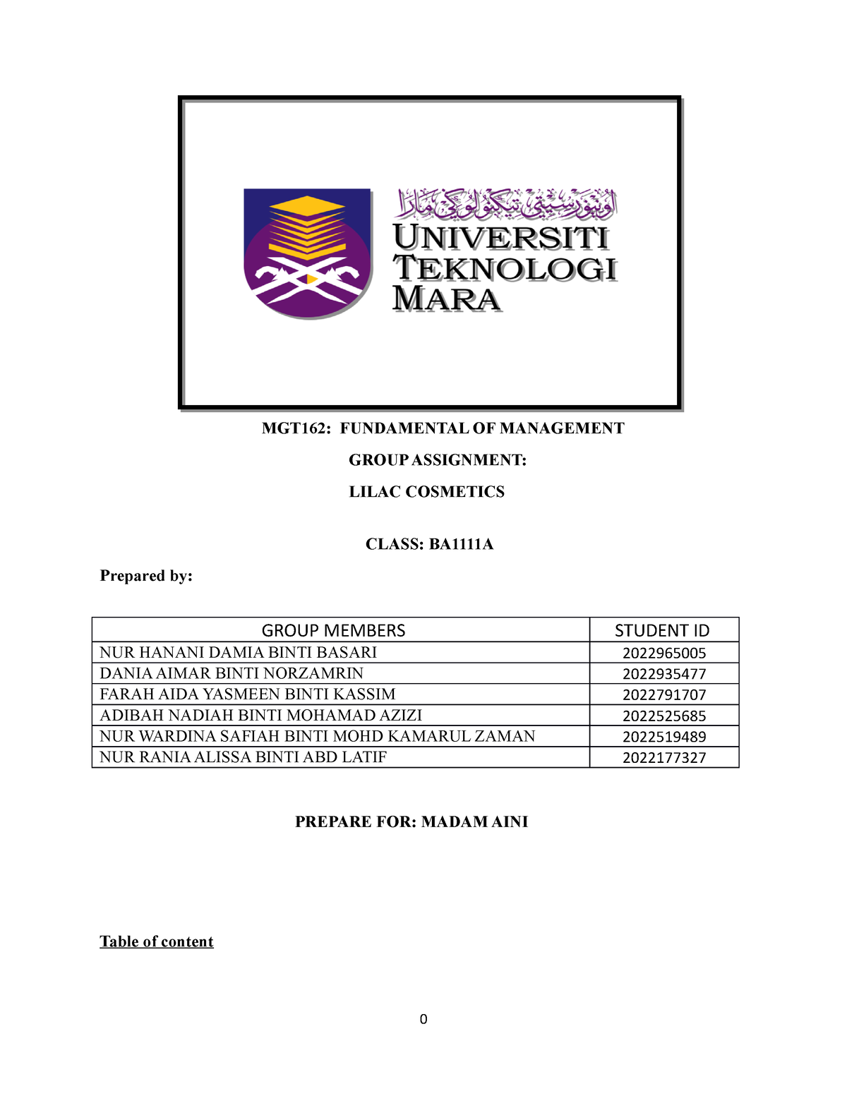 MGT162 Group Project- Lilac Cosmetics Company - MGT162: FUNDAMENTAL OF ...