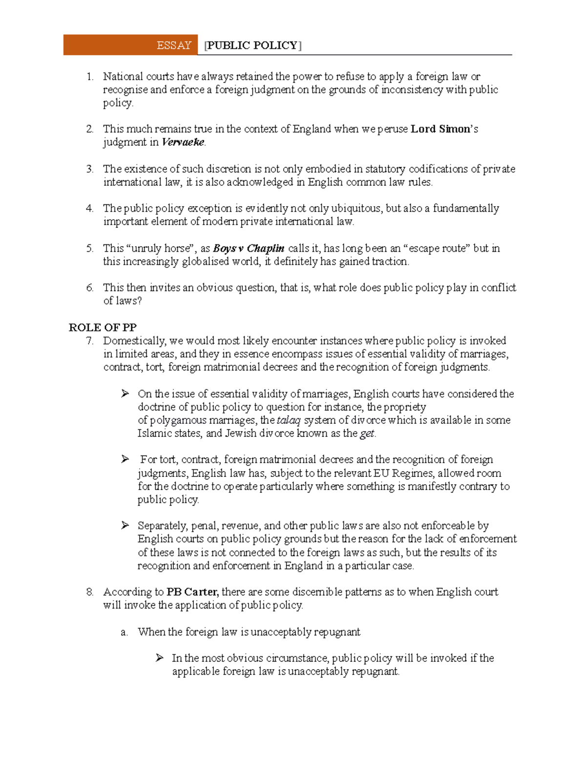 Conflict of Law — Public Policy (An Unruly Horse Wreaking Havoc in