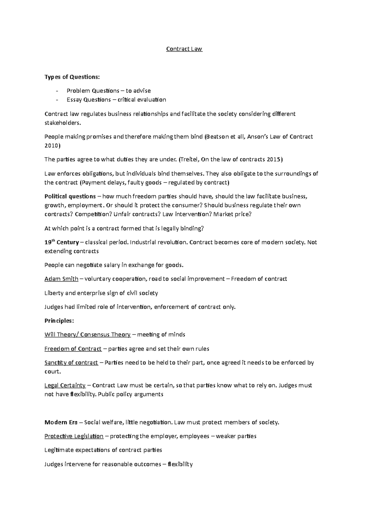 Lecture 1 - History Principles - Contract Law Types of Questions ...