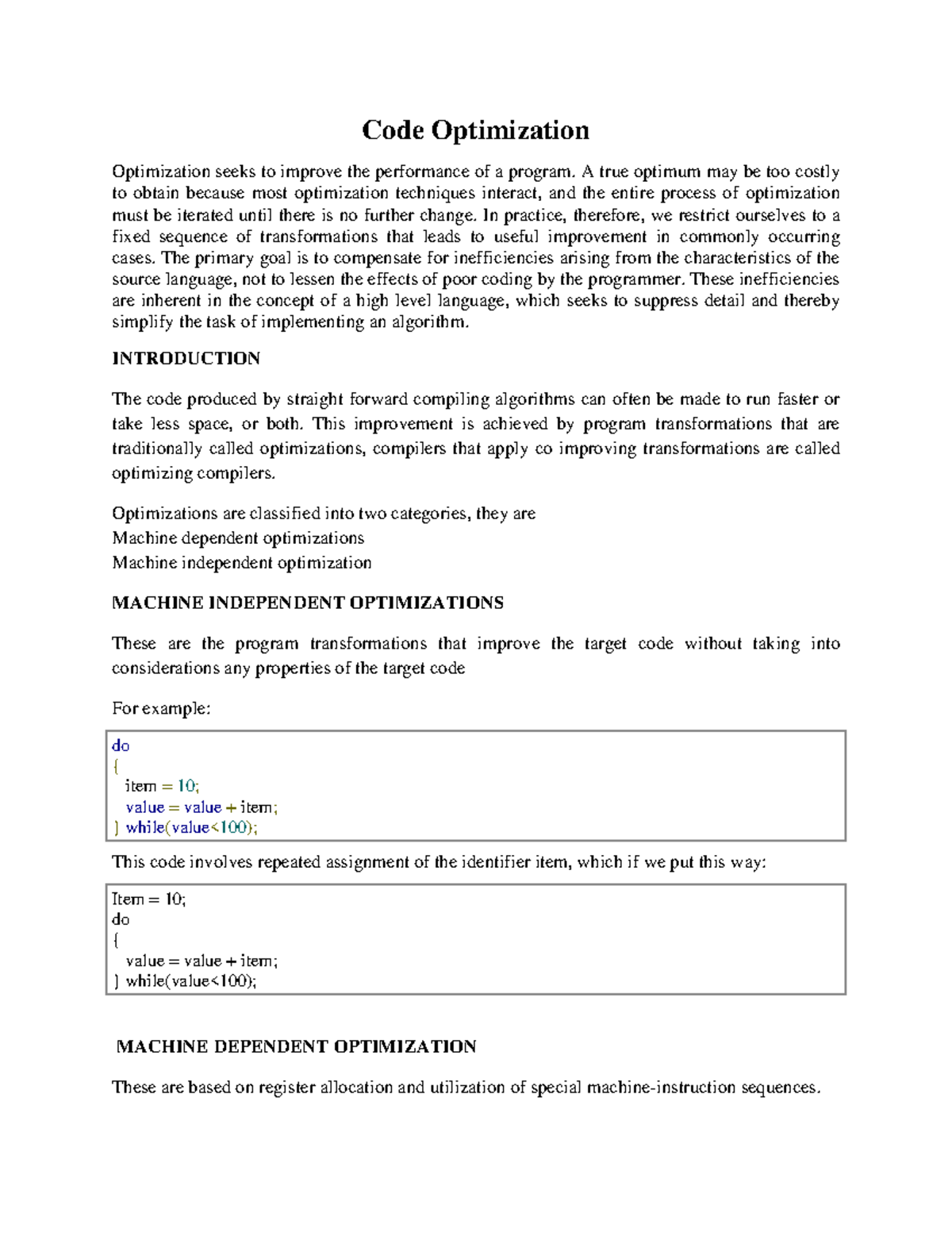Code Optimization - Code Optimization Optimization seeks to improve the ...