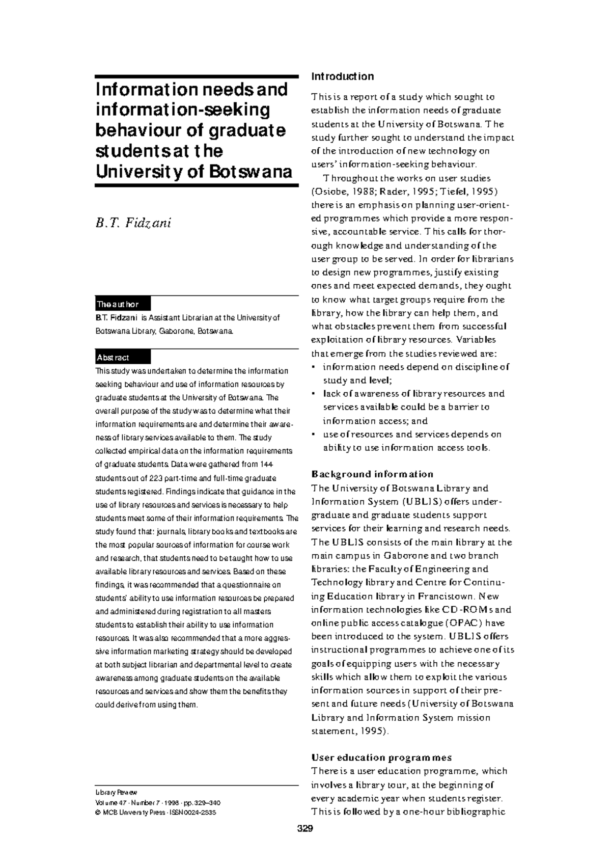 Information need and seeking behaviour - Introduction This is a report ...