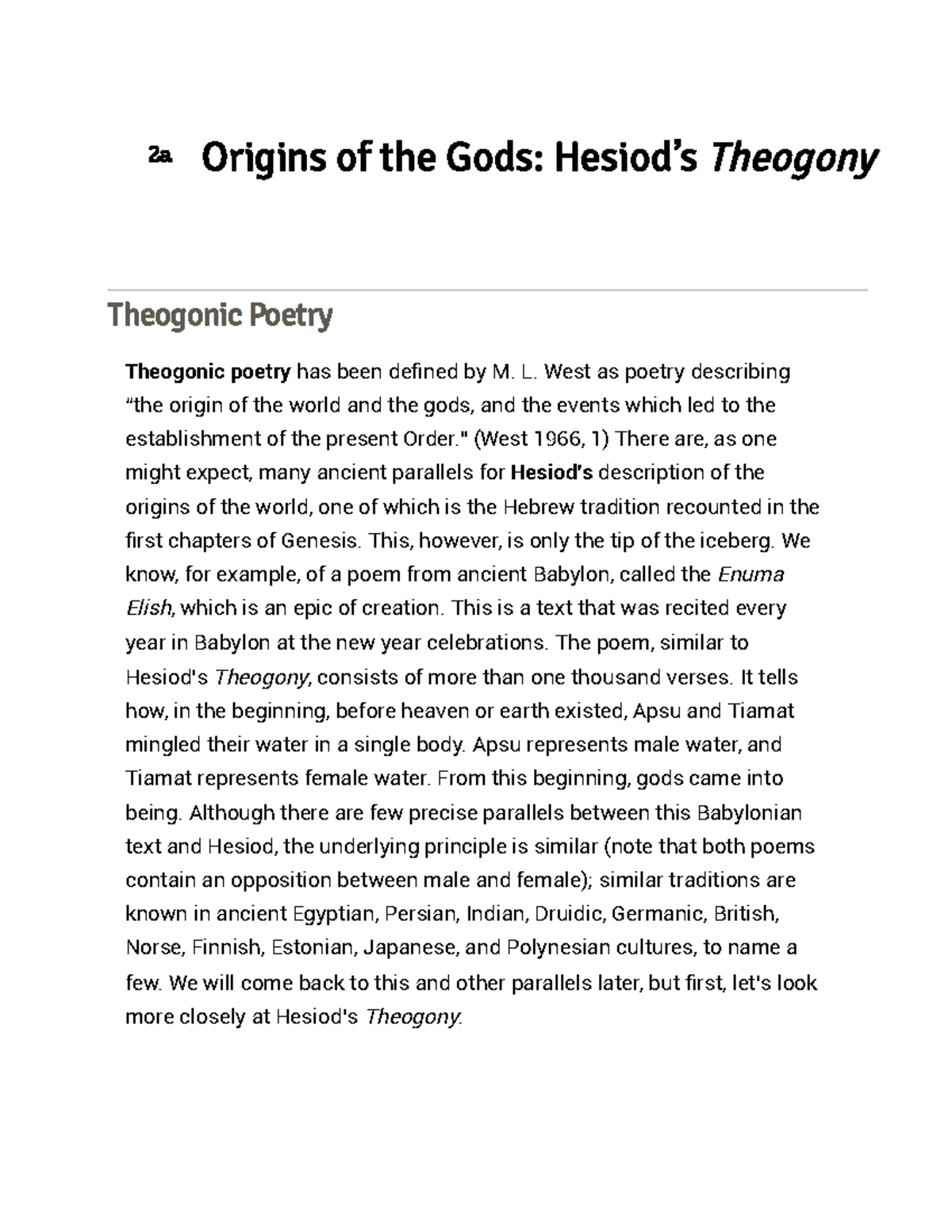 2a. Origins of the Gods Hesiod's Theogony - Theogonic Poetry Theogonic ...