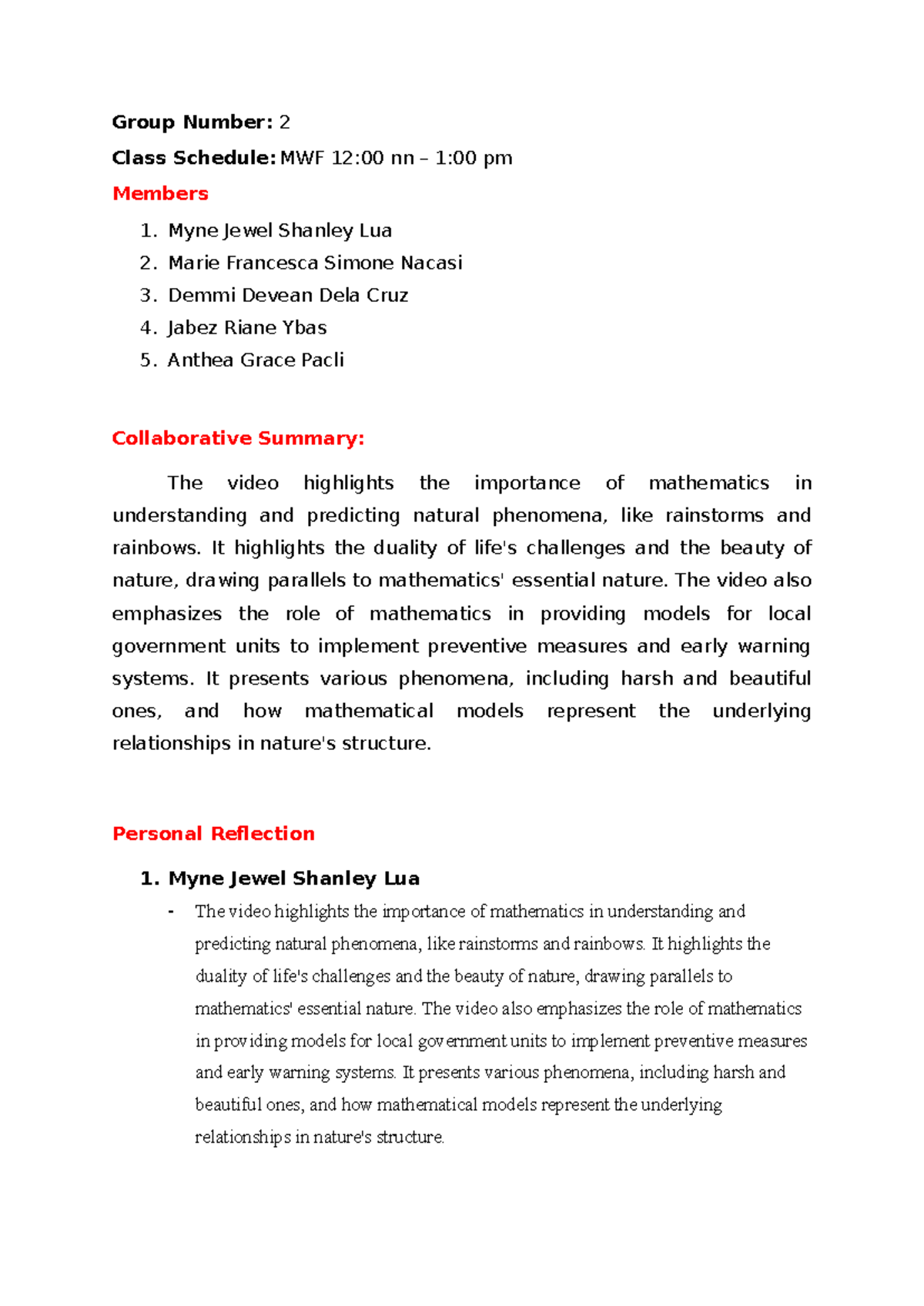 Collaborative- Activity - Group Number: 2 Class Schedule: MWF 12:00 nn ...