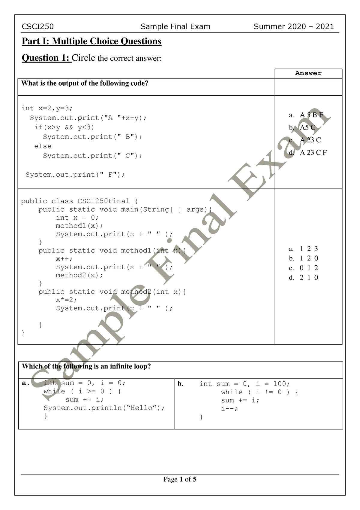 CSCI250 Sample Final Exam - Part I: Multiple Choice Questions Question ...