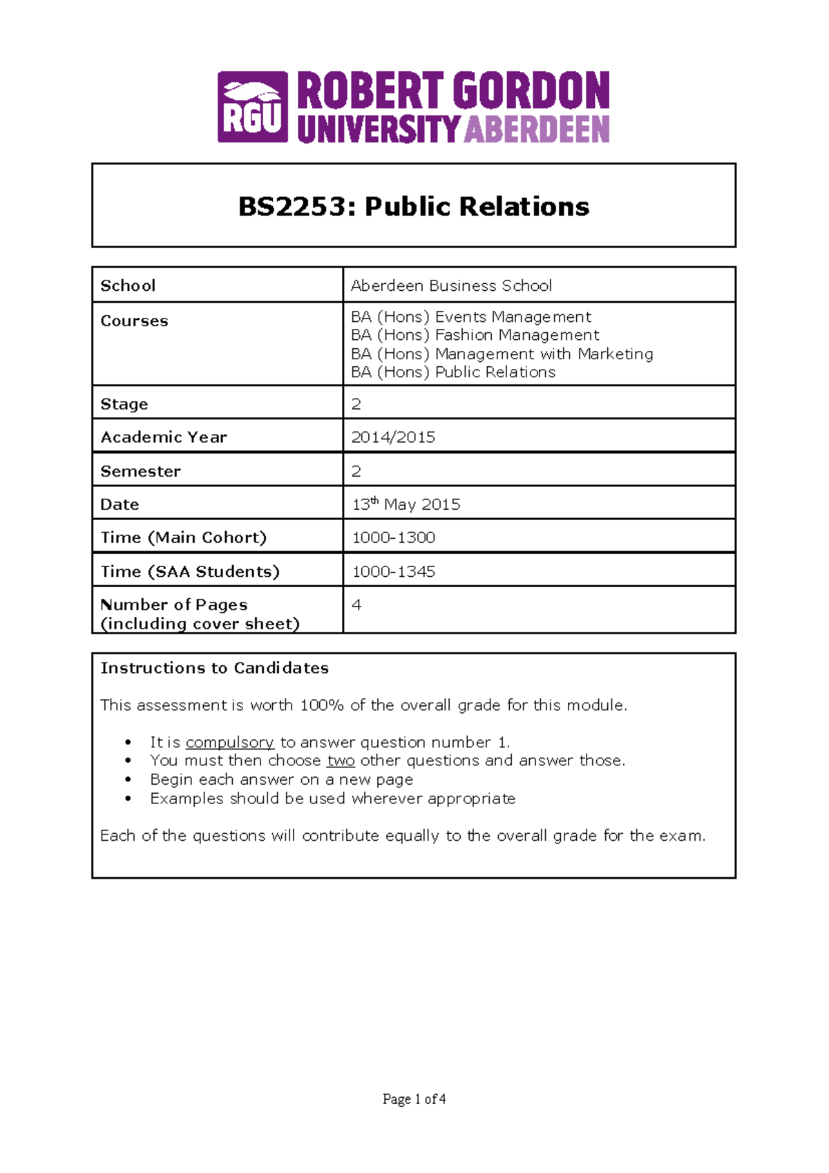 Public Relations Exam - BS2253: Public Relations School Aberdeen ...