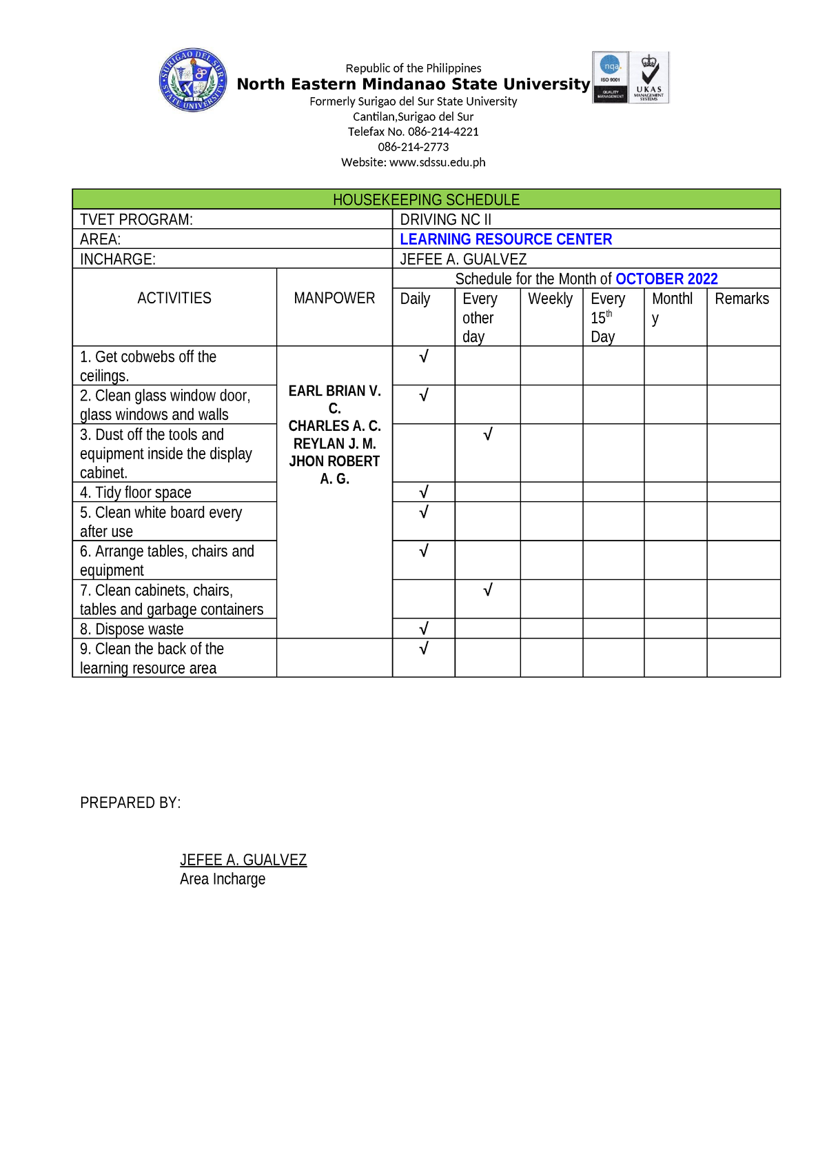 5.1 3A- Housekeeping Maintenance Schedule - Republic of the Philippines ...