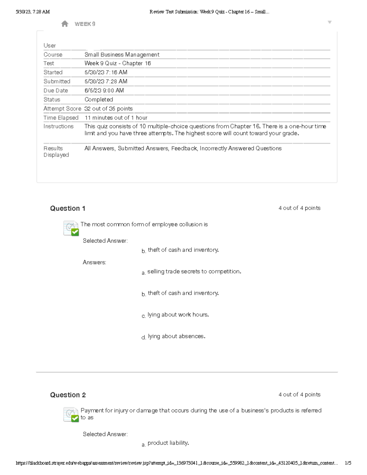 Week 9 Quiz Chapter 16 Small Business Management Review - Studocu