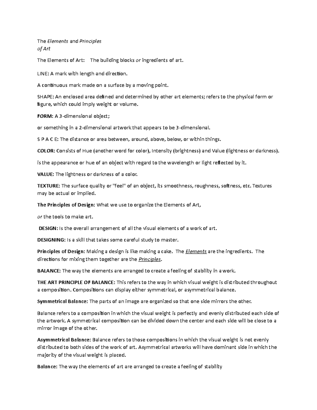 AA, Reviewer - Lecture notes 6 - The Elements and Principles of Art The ...