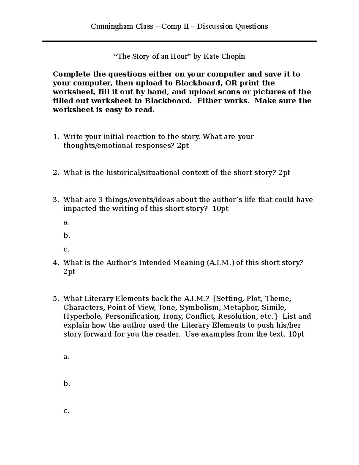 Comp II Short Story Questions The Story of an Hour Cunningham Class
