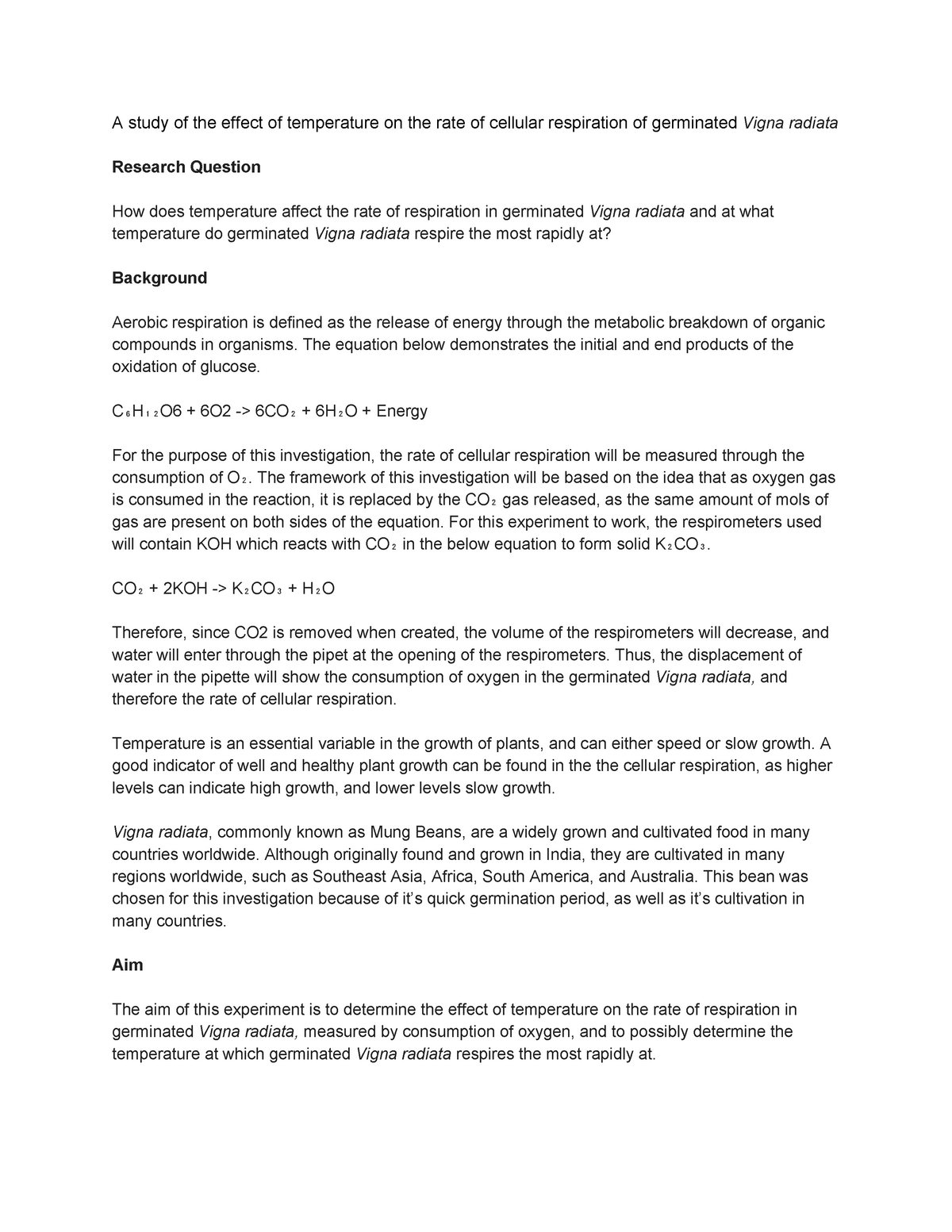 Copy Of Biology Ia Cellular Respiration Of Mung Beans Real One Studocu