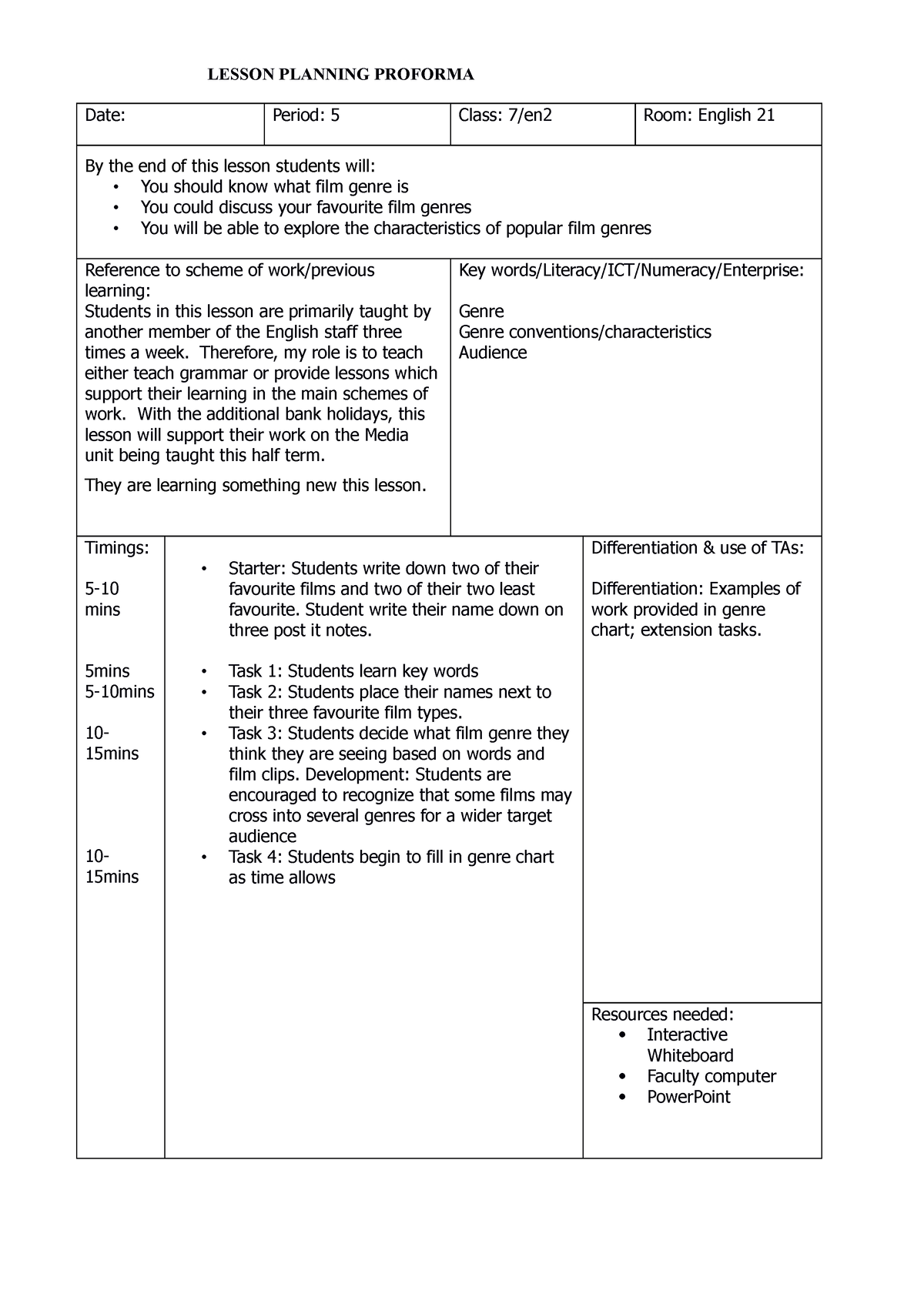 E-qualitas YEAR 7 initial observation lesson plan - LESSON PLANNING ...