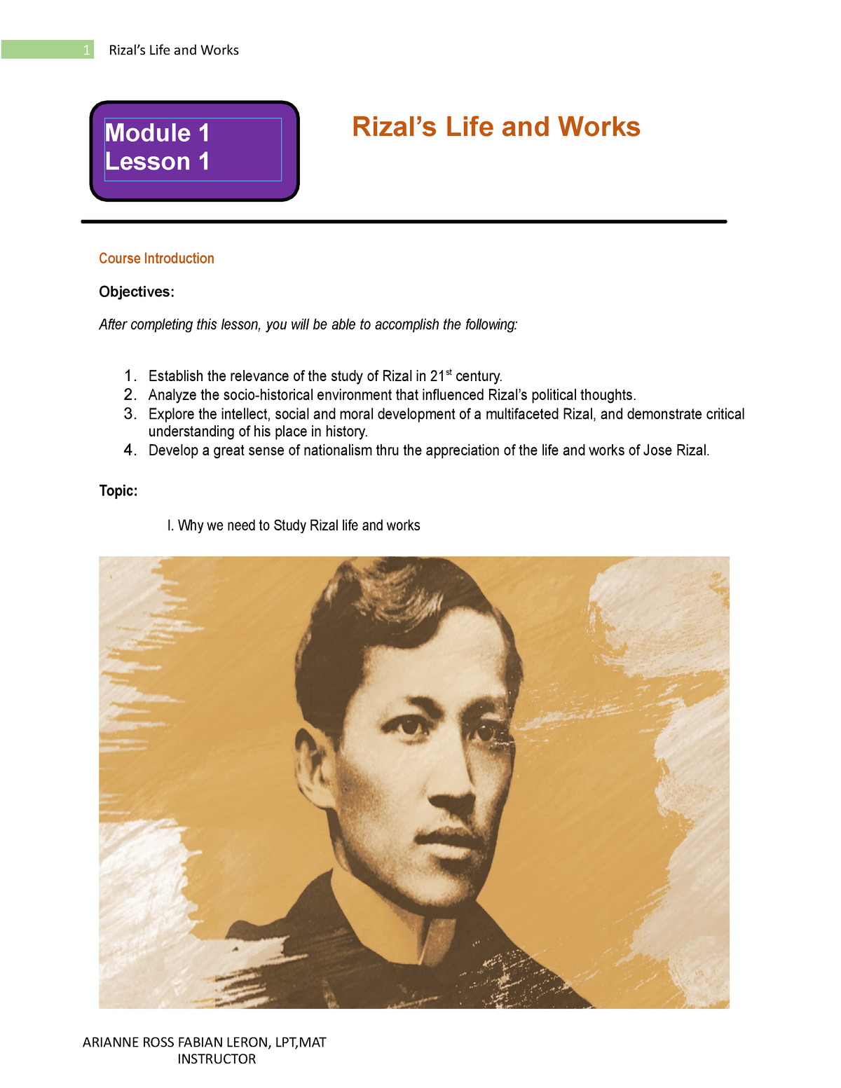 Module 1 For Rizal's Life - Rizal’s Life And Works Course Introduction ...