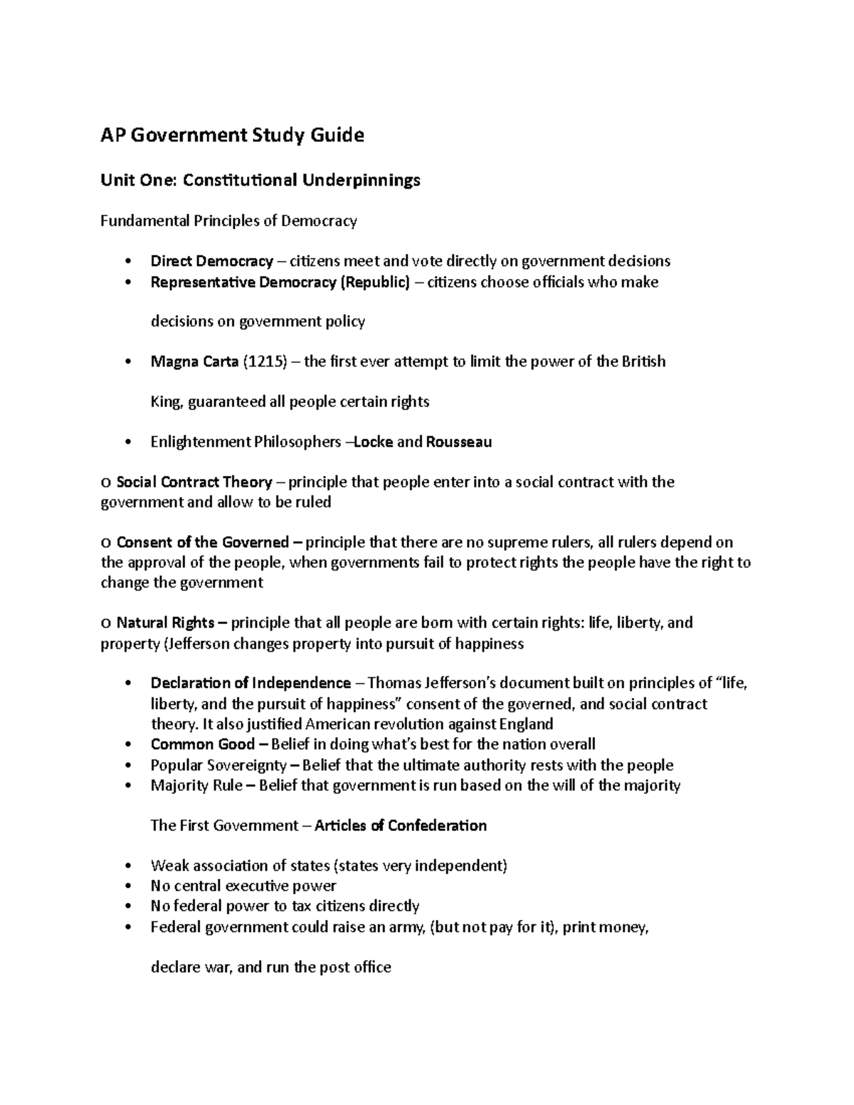 AP Government/Politics Study Guide - AP Government Study Guide Unit One ...