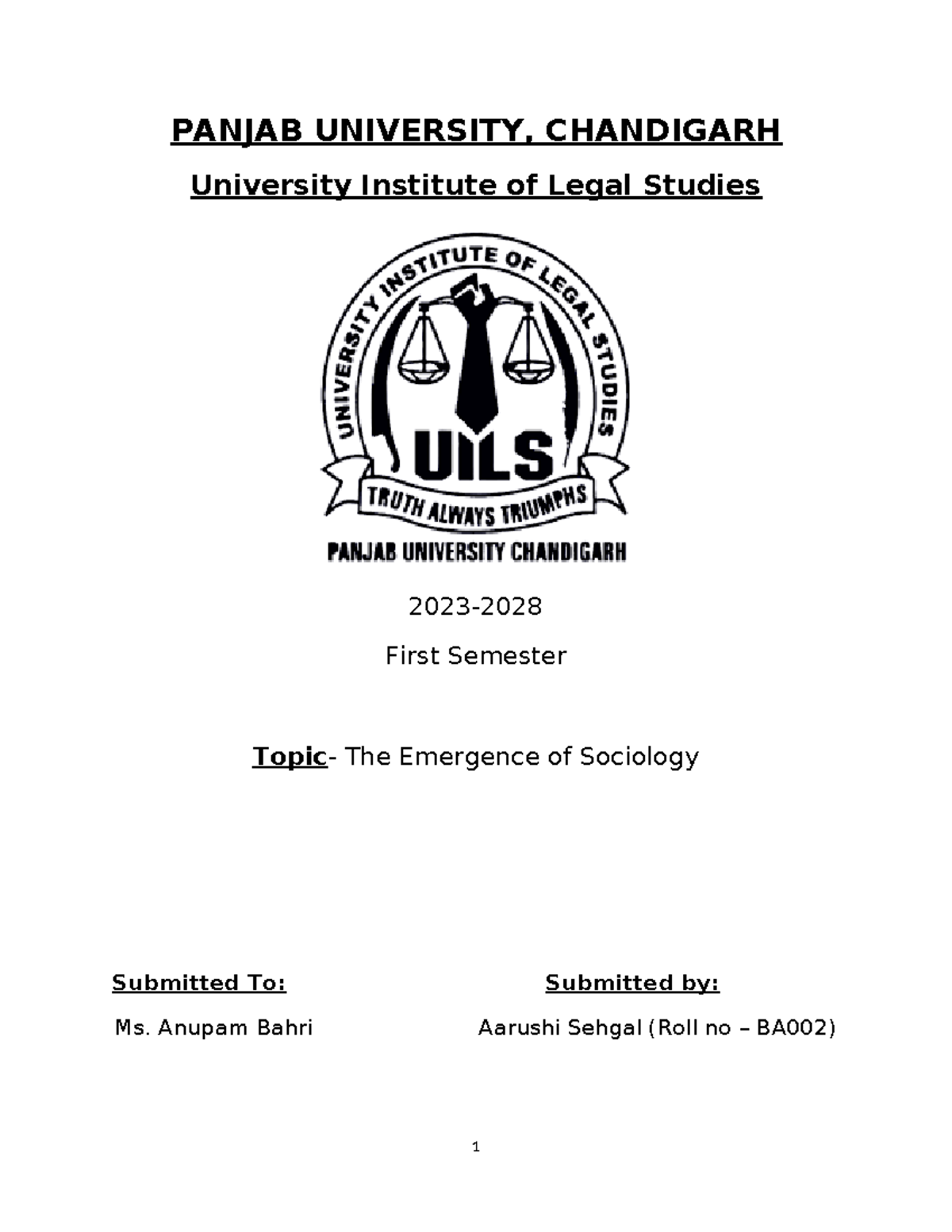 Emergence of Sociology - PANJAB UNIVERSITY, CHANDIGARH University ...