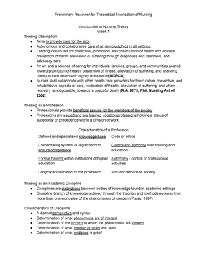 TFN - Midterm Reviewer - Summary Theoretical Foundations In Nursing ...