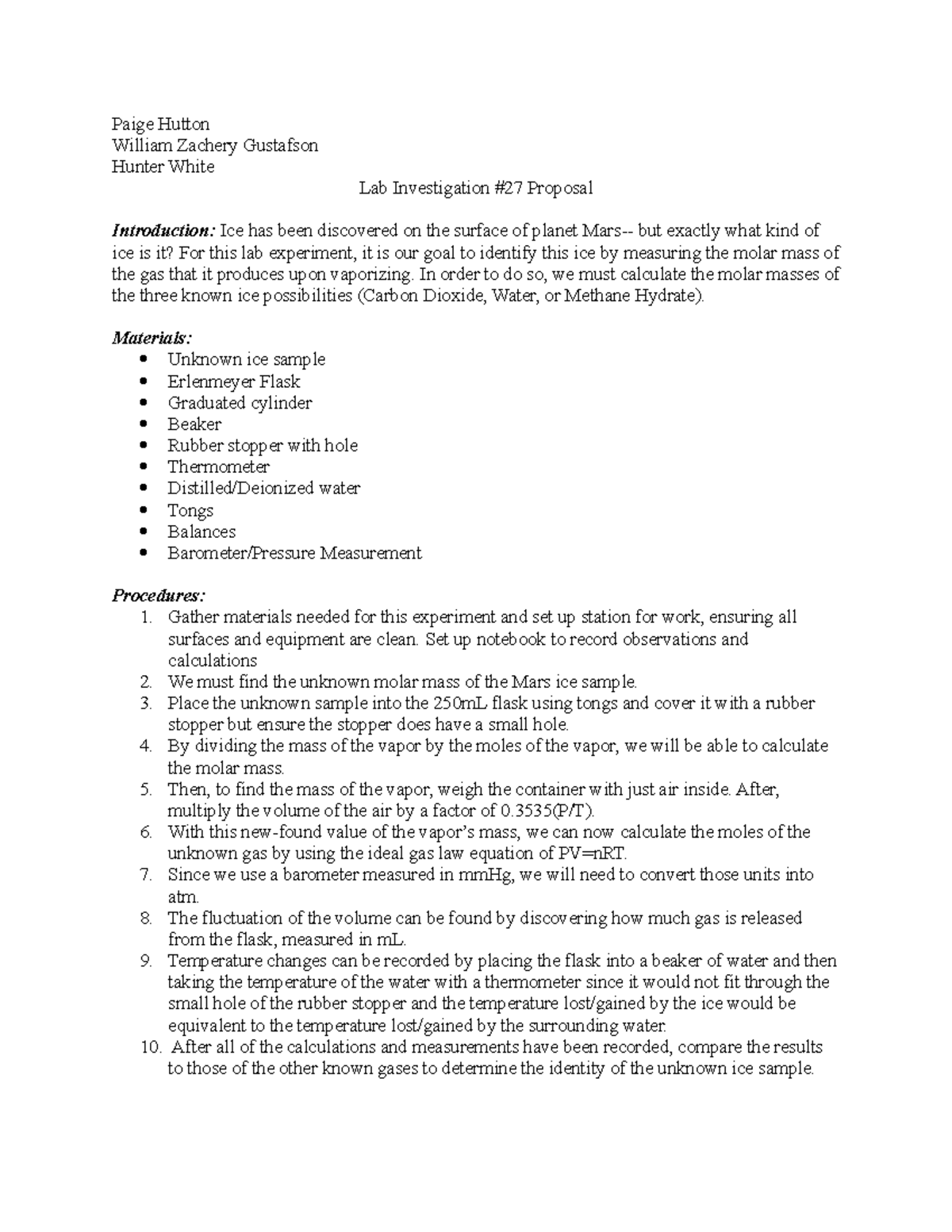 Lab Investigation #27 Proposal - Paige Hutton William Zachery Gustafson ...