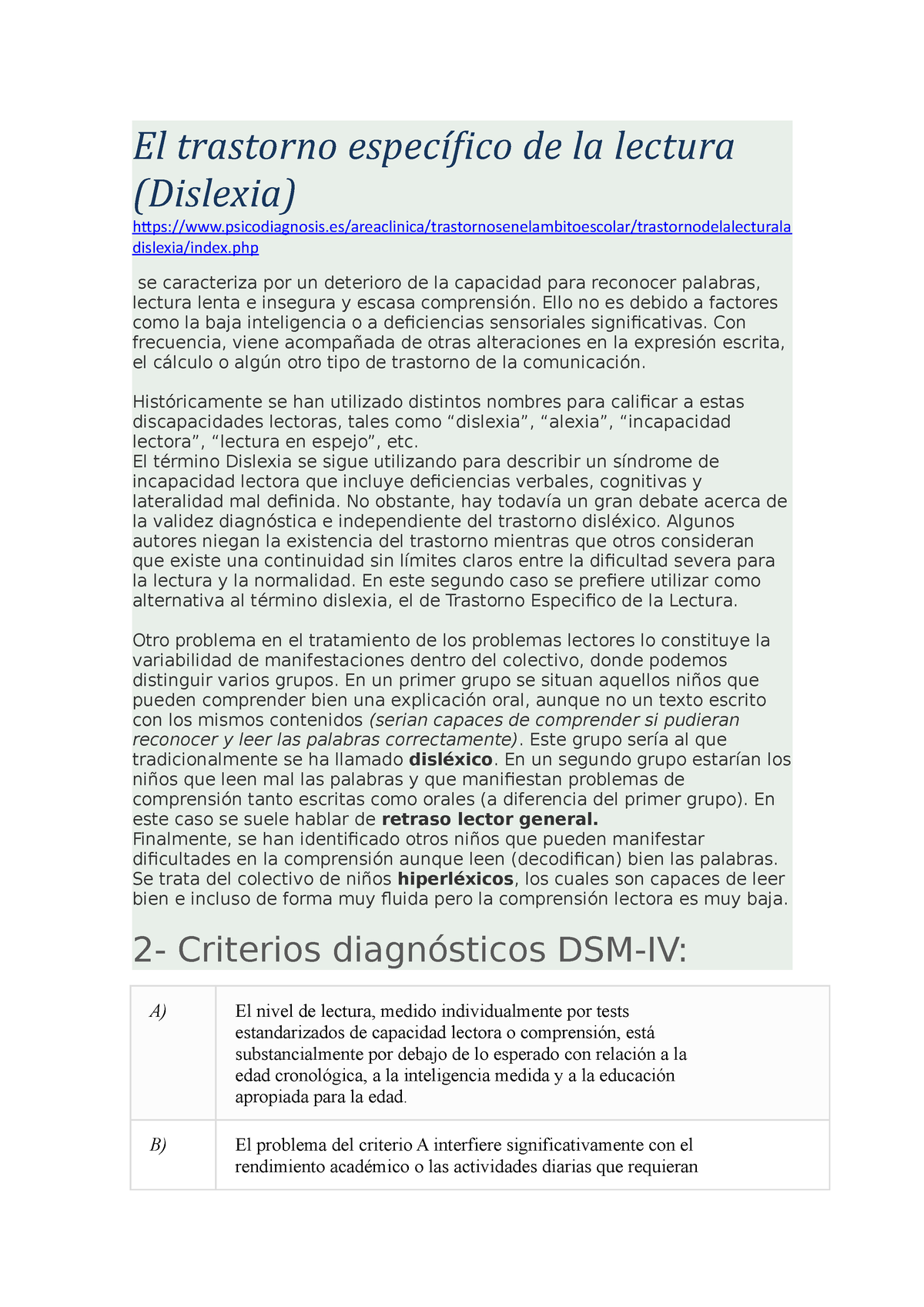 El Trastorno Específico De La Lectura - El Trastorno Específico De La ...