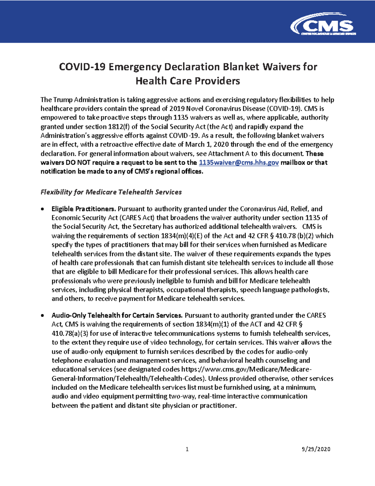 Covid19 Emergency Declaration Blanket Waivers for Health Care Providers COVID19 Emergency