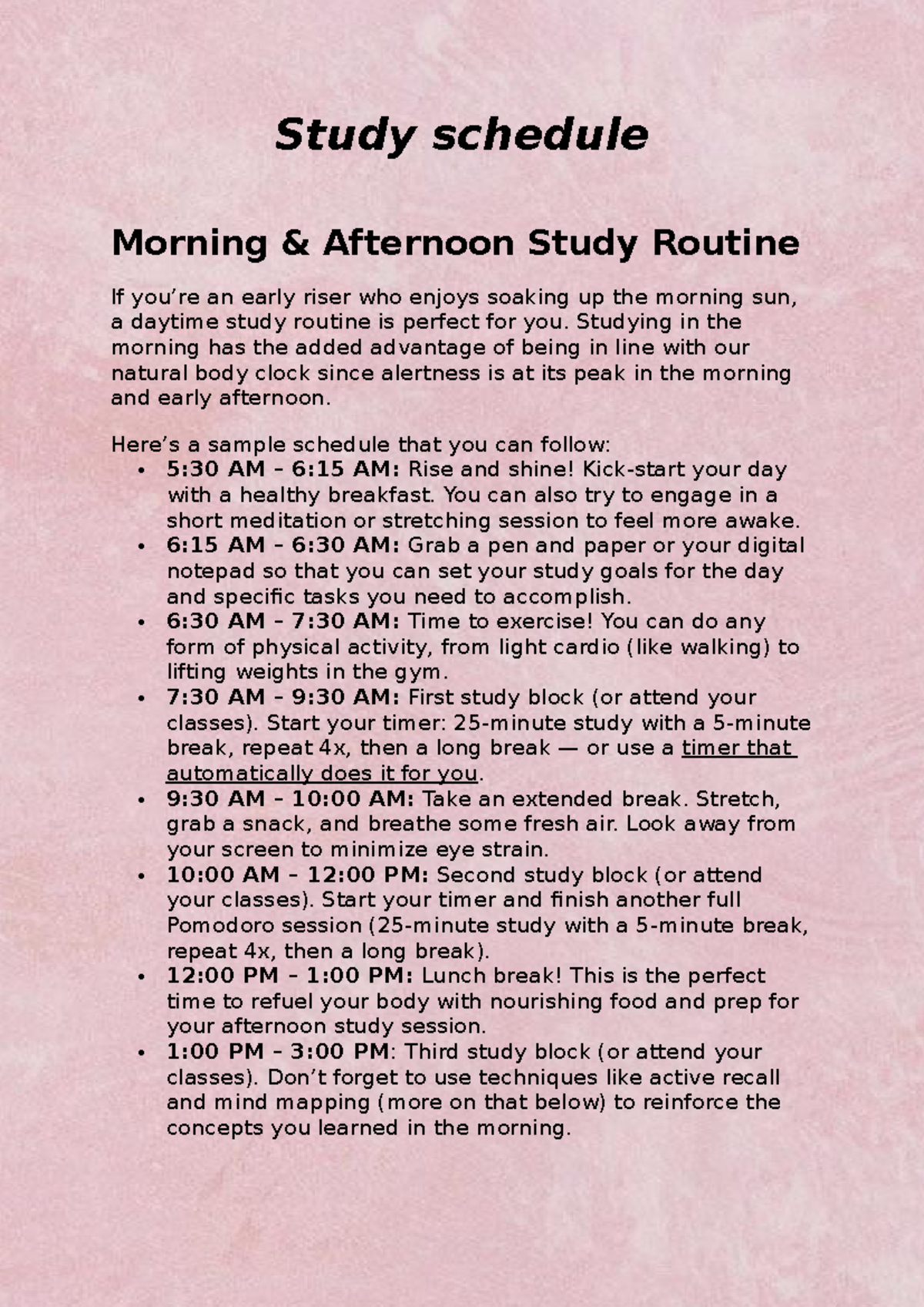 Study schedule - Study schedule Morning & Afternoon Study Routine If ...