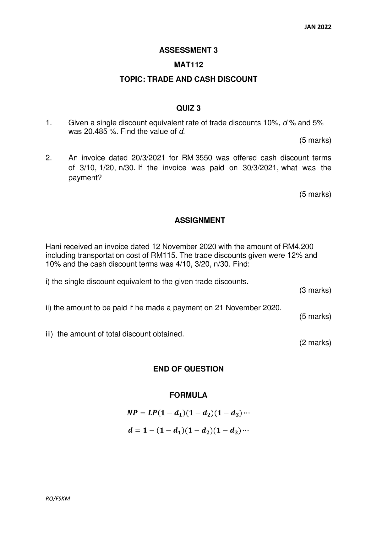 Assessment 3 MAT112 January 2022 - Business Mathematics - UTM - Studocu