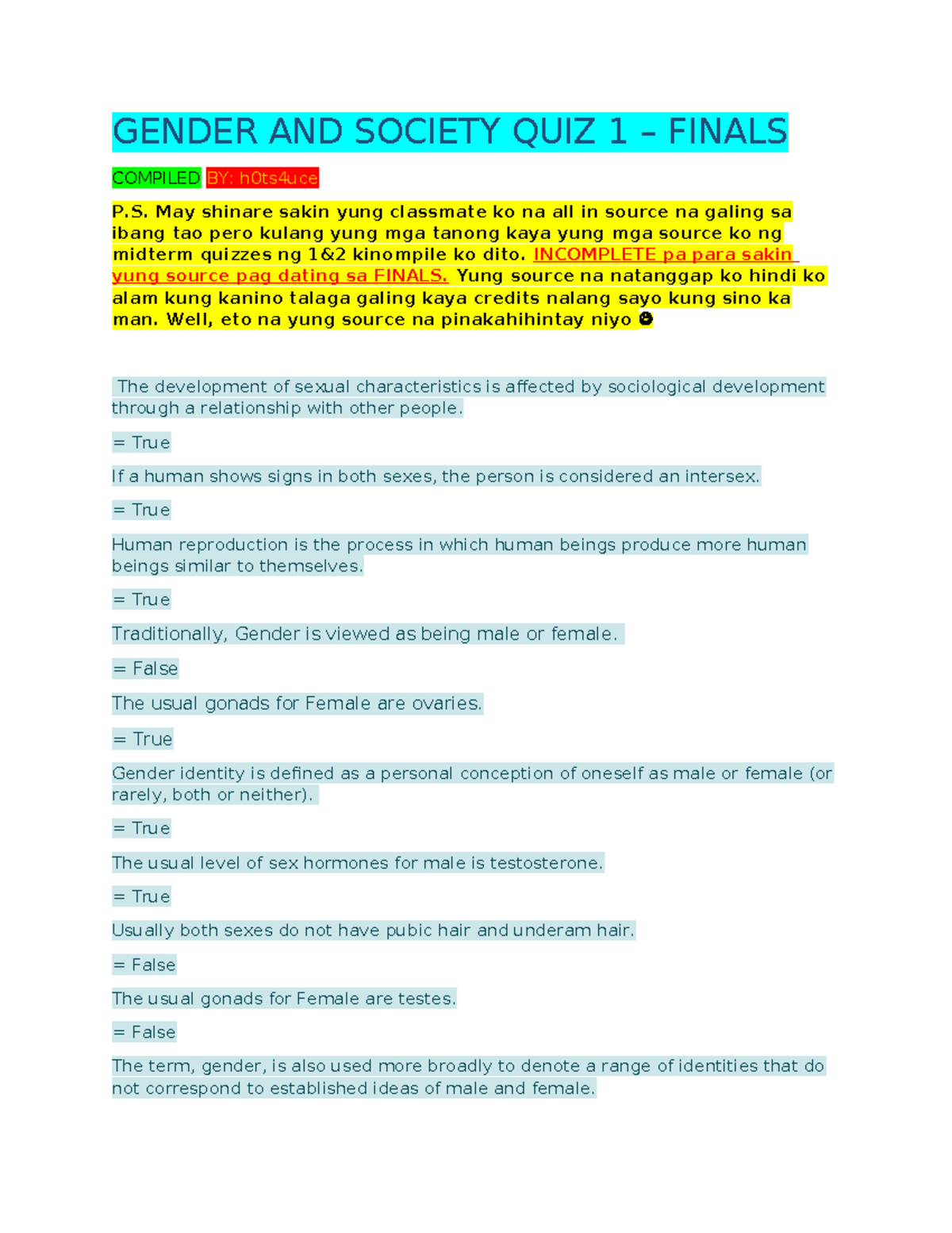 Gender AND Society ALL IN Source Revised - GENDER AND SOCIETY QUIZ 1 ...