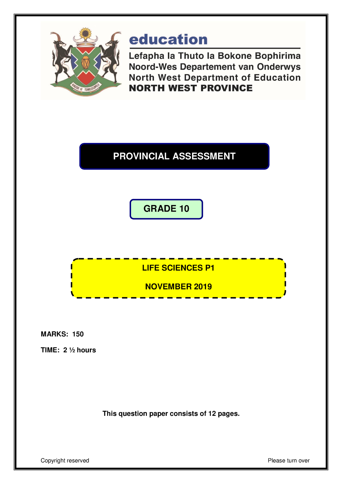 NW-NSC-GR-10-LIFE- Sciences-P1-ENG-NOV-2019 - MARKS: 150 TIME: 2 ½ ...