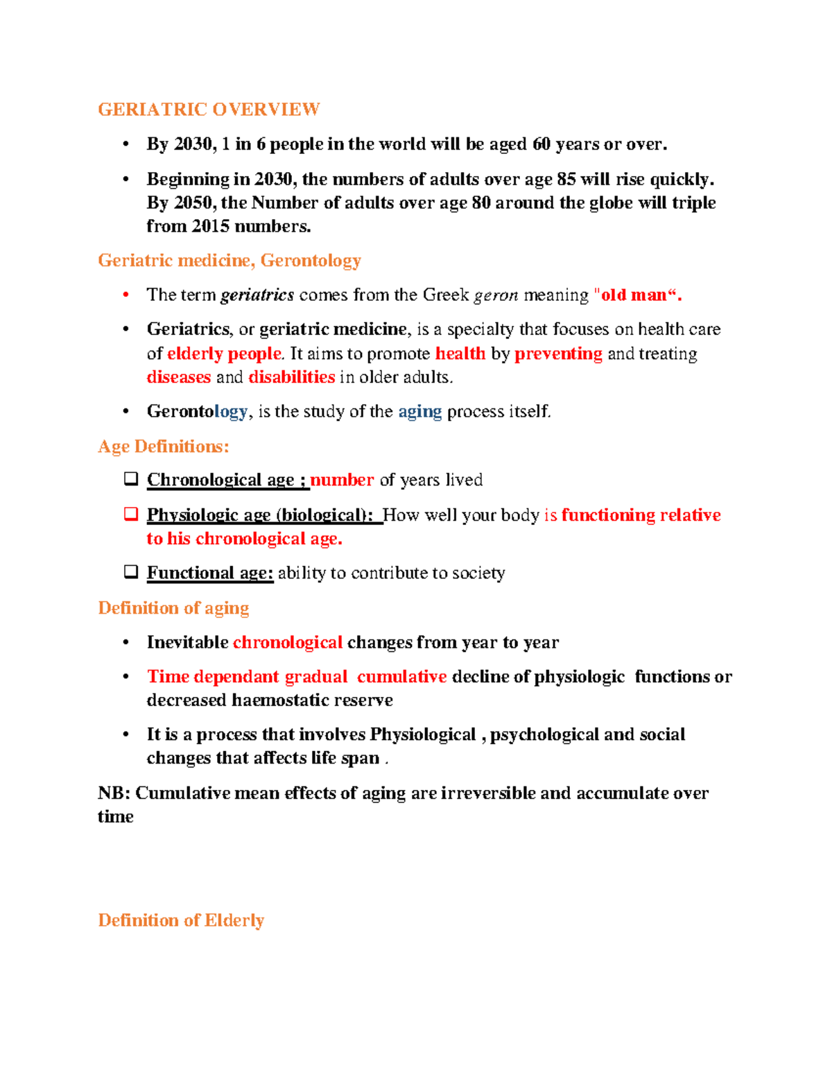 Geriatric assessment and changes - GERIATRIC OVERVIEW By 2030, 1 in 6