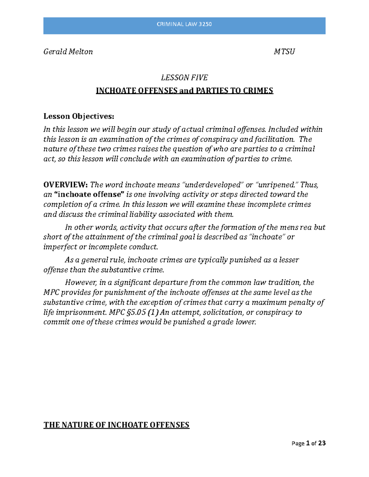 Lesson FIVE Inchoate Offenses and Parties to Crime Gerald Melton MTSU