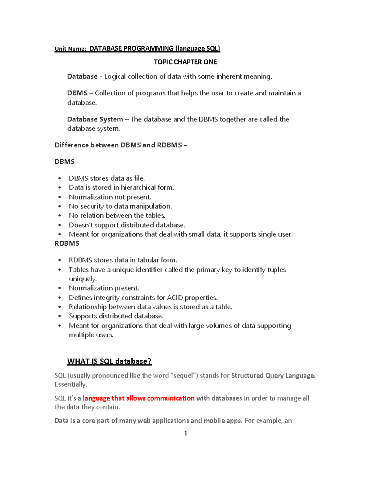 Database Programming - Chapter one - Unit Name: DATABASE PROGRAMMING ...
